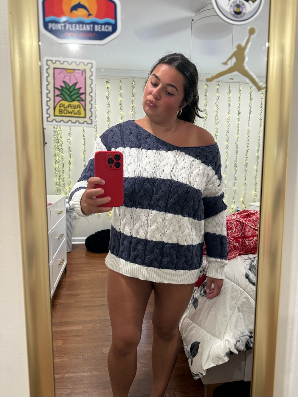 Aeropostale Navy & White Striped Off-Shoulder Cable Knit Sweater